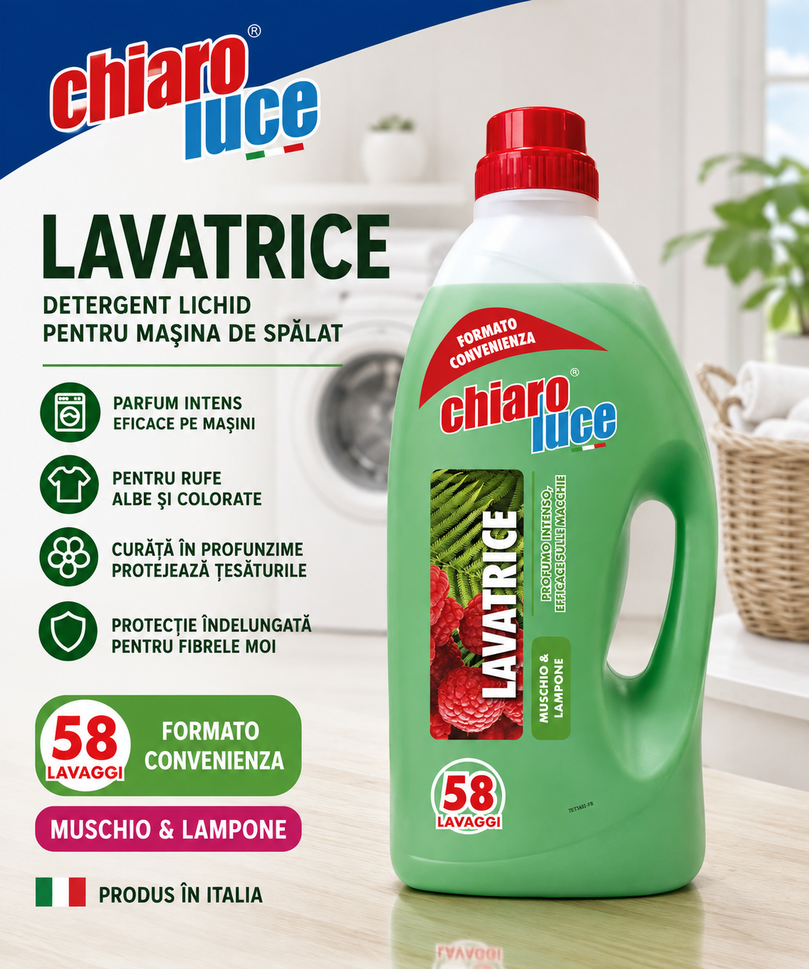 Detergent lichid pentru rufe Chiaro Luce Lavatrice – Mușchi & Zmeură 2,6L