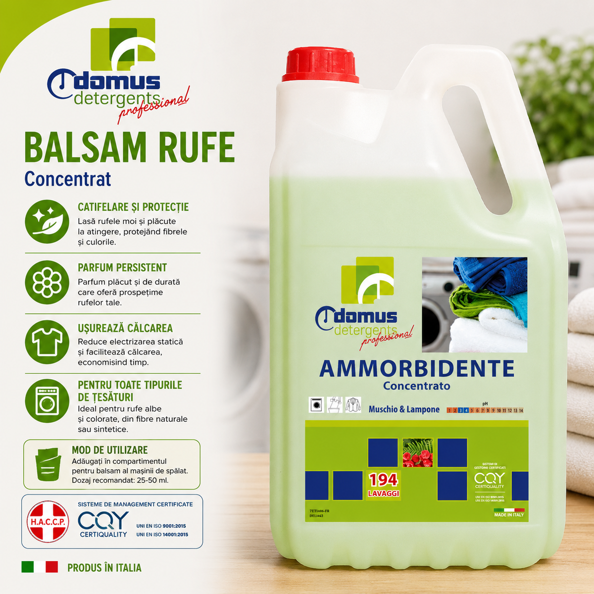 Balsam de rufe profesional Chiaro Luce Ammorbidente – Muschio & Lampone, 5 kg