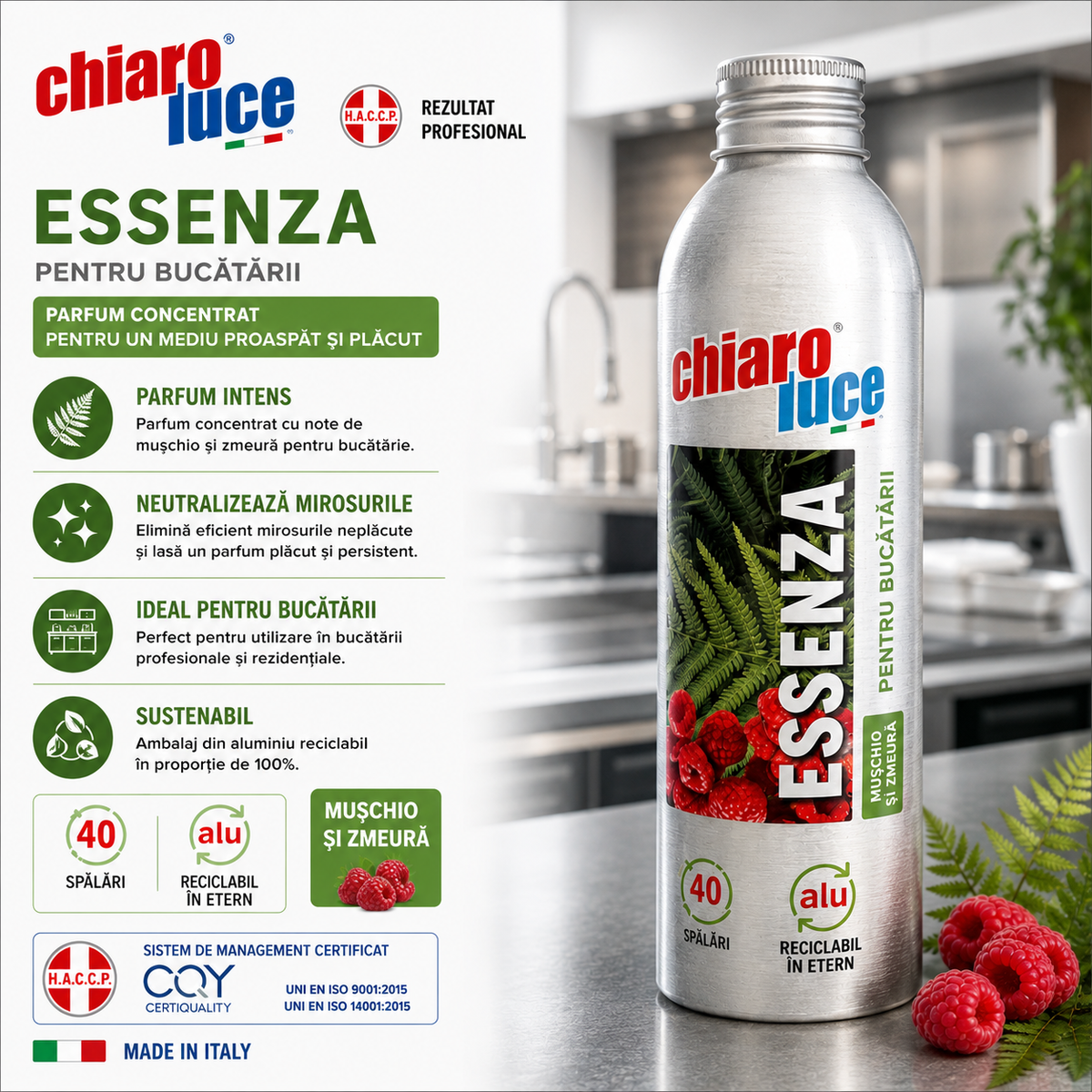 Esenta parfumata pentru rufe Chiaro Luce Tessenza – 40 spălări, Mosc și Zmeură 180ml