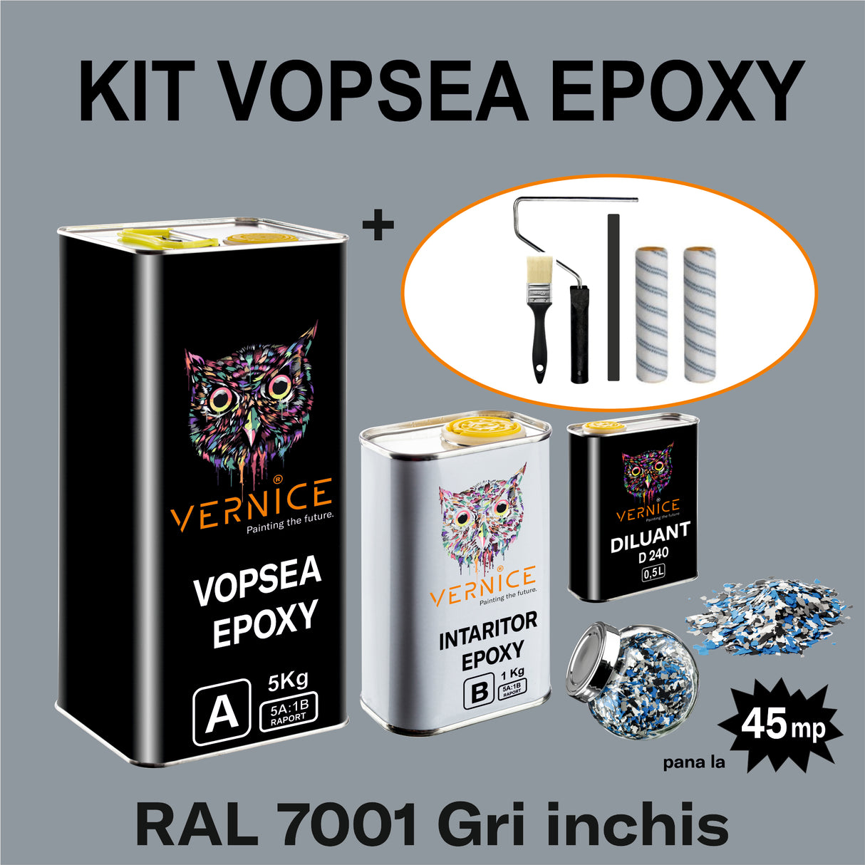 KIT VOPSEA EPOXY 6KG GRI INCHIS RAL 7001 fulgi+diluant+accesorii
