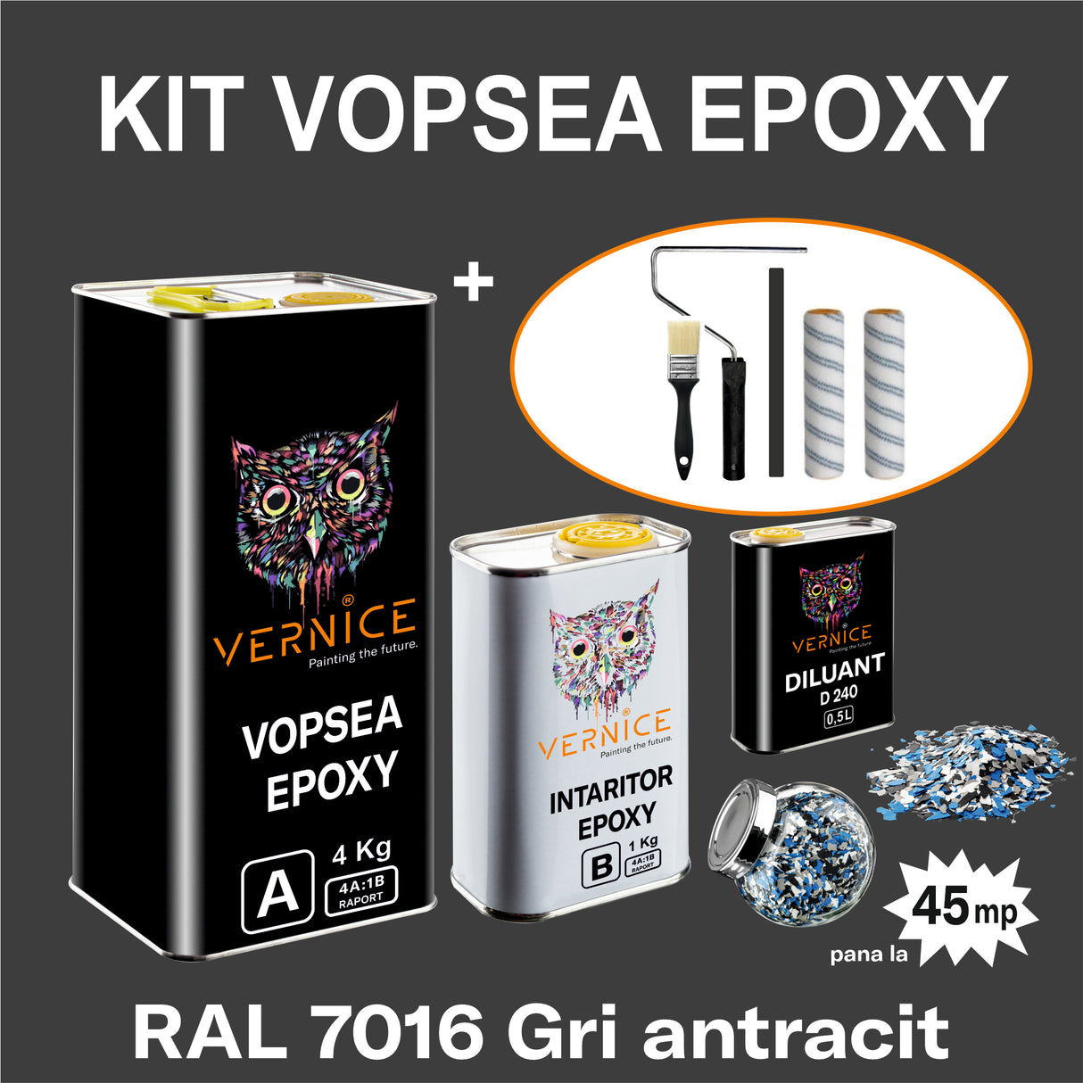 KIT VOPSEA EPOXY 6KG GRI INCHIS RAL 7016 fulgi+diluant+accesorii