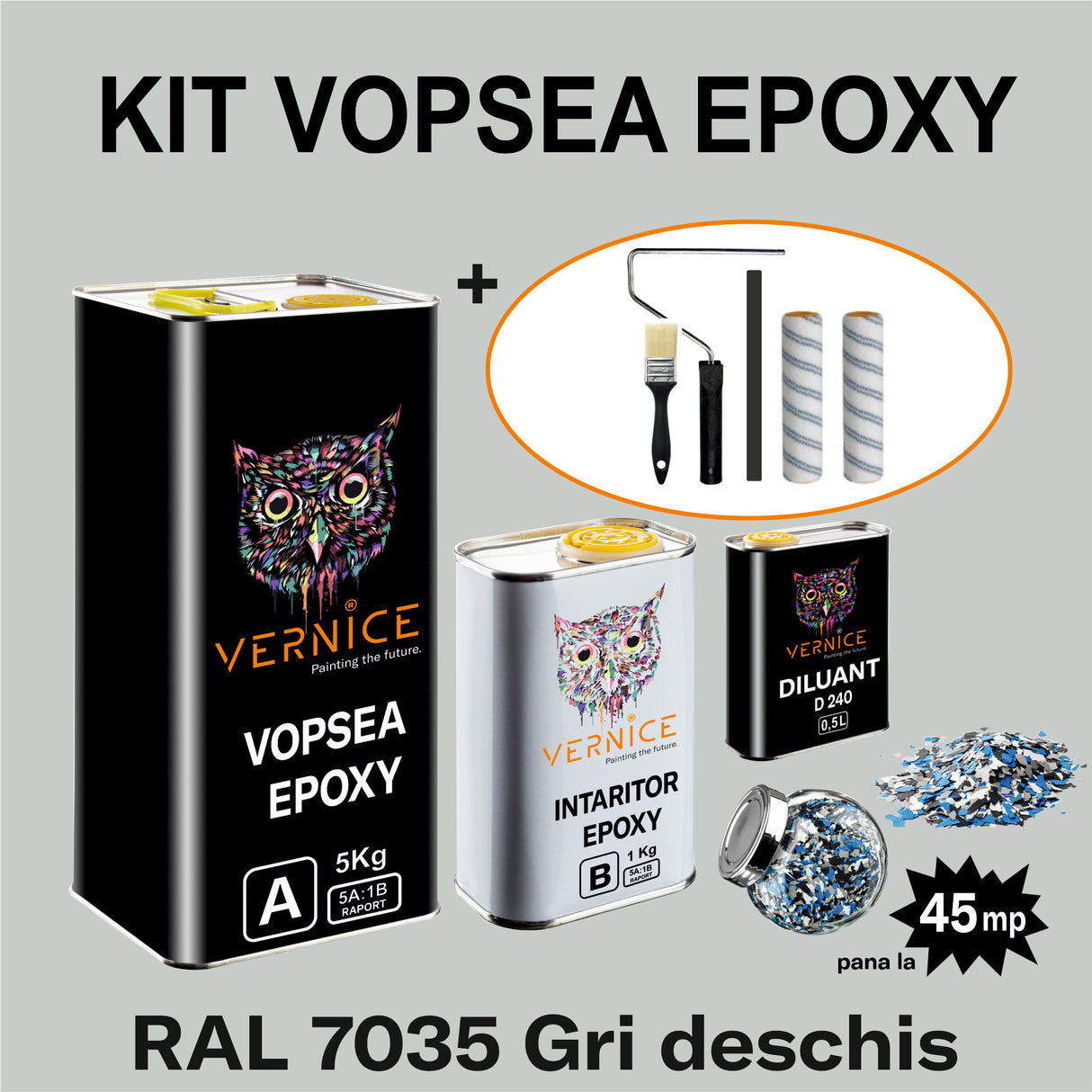KIT VOPSEA EPOXY 6KG GRI INCHIS RAL 7035 fulgi+diluant+accesorii