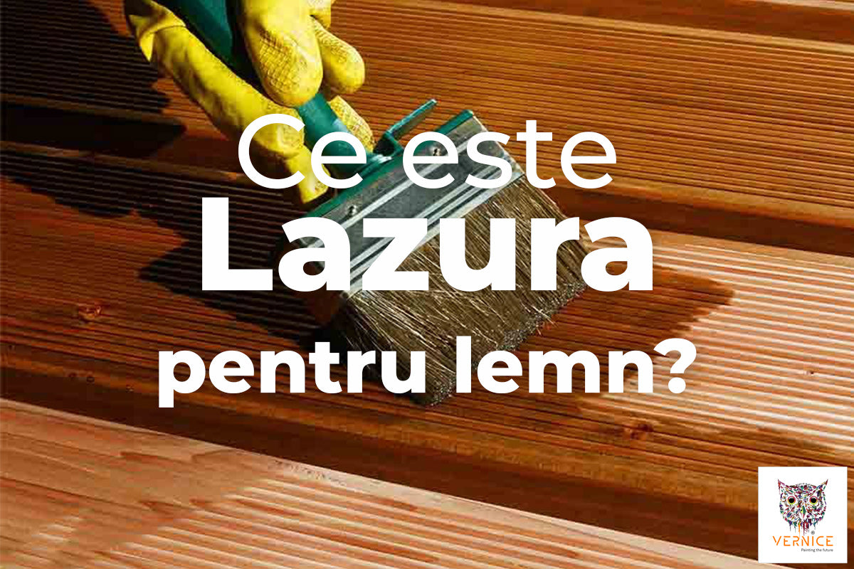 Imagine in care se vopseste un lemn exterior cu lazura cu pensula; iar peste imagine scrie 'Ce este lazura pentru lemn?'.