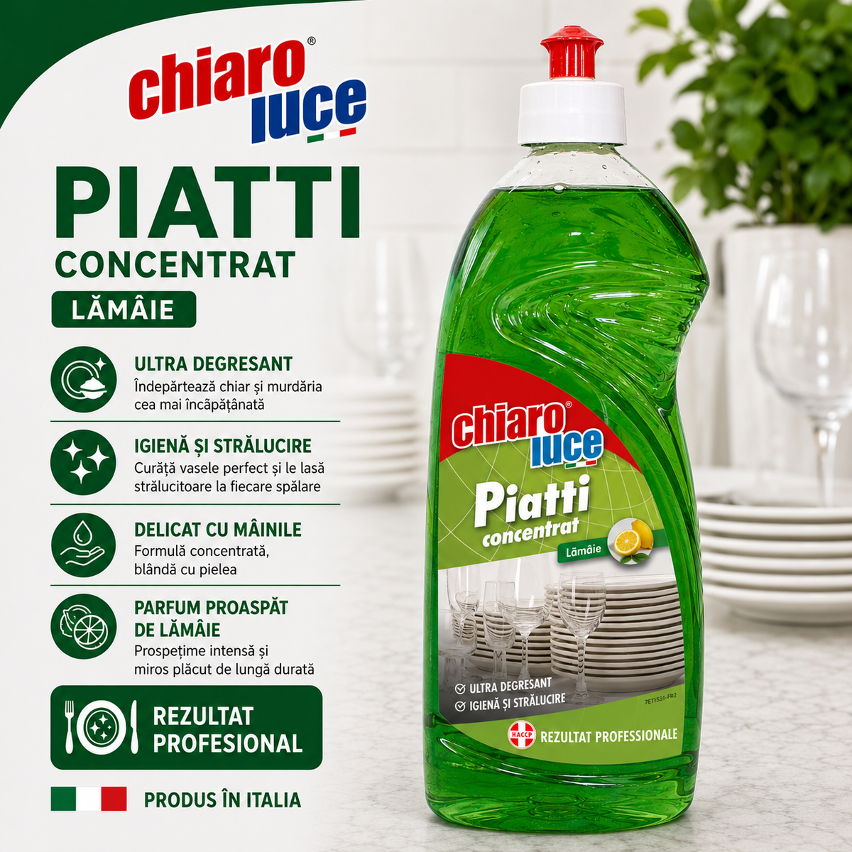 Detergent concentrat pentru vase Chiaro Luce Piatti – Lămâie, 1100 ml