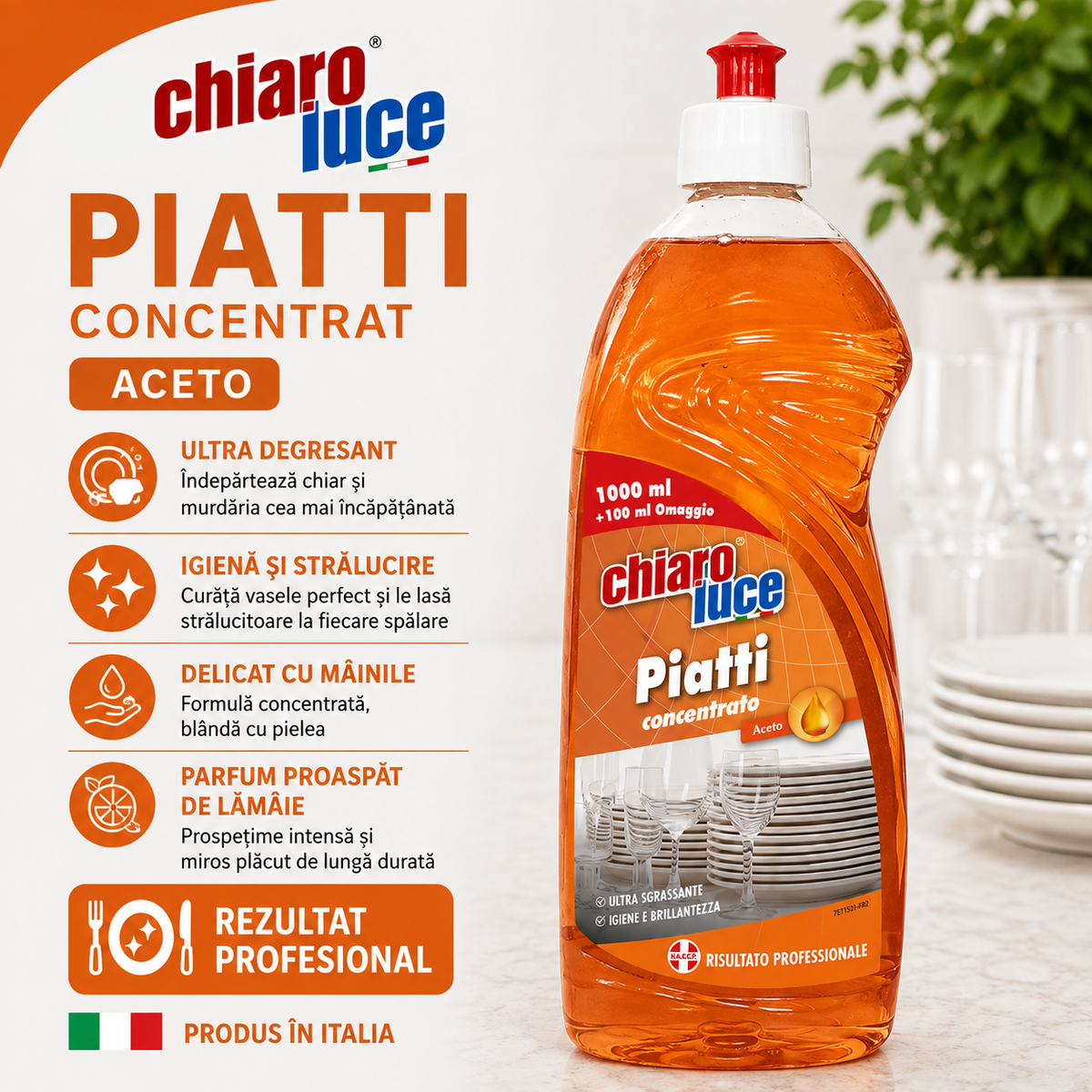 Detergent concentrat pentru vase Chiaro Luce Piatti – Oțet, 1100ml