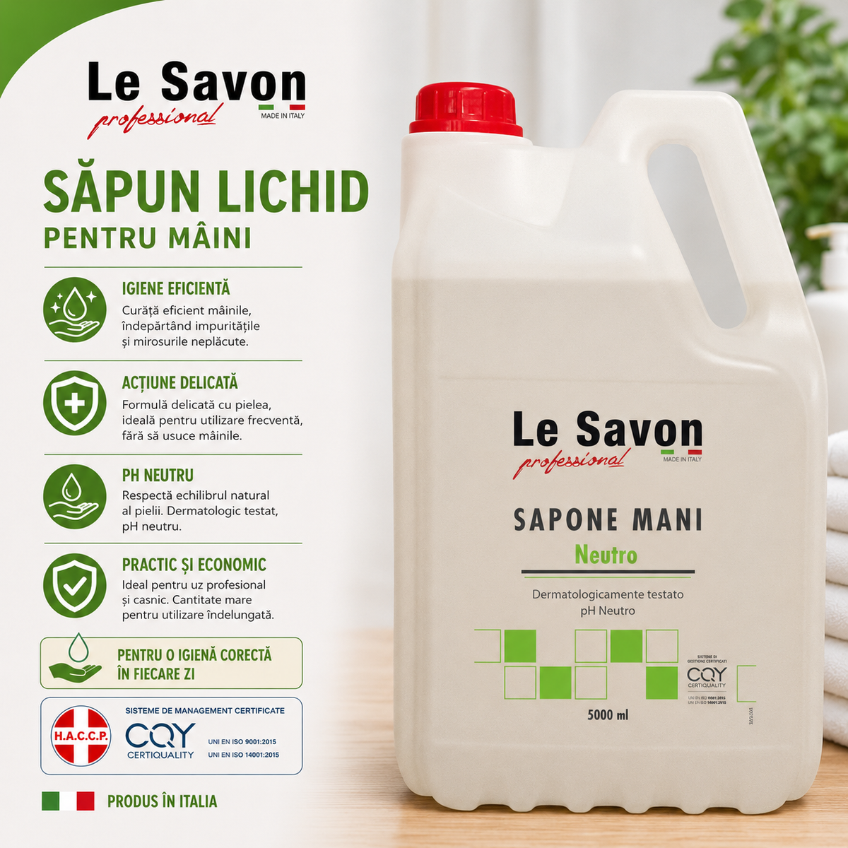 Săpun lichid profesional pentru mâini Le Savon Sapone Mani Neutro – 5 L