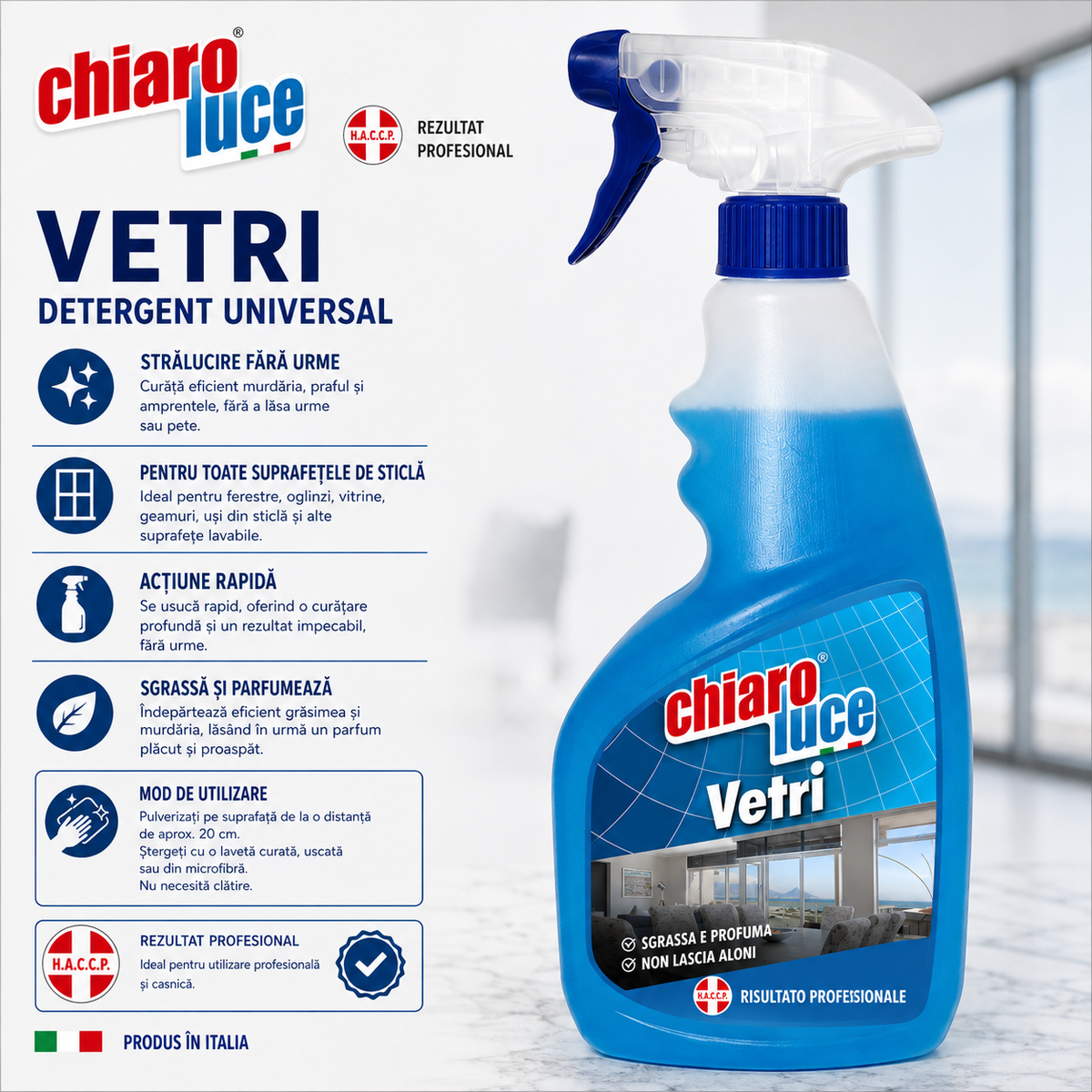 Detergent profesional pentru geamuri Chiaro Luce Vetri – 750 ml