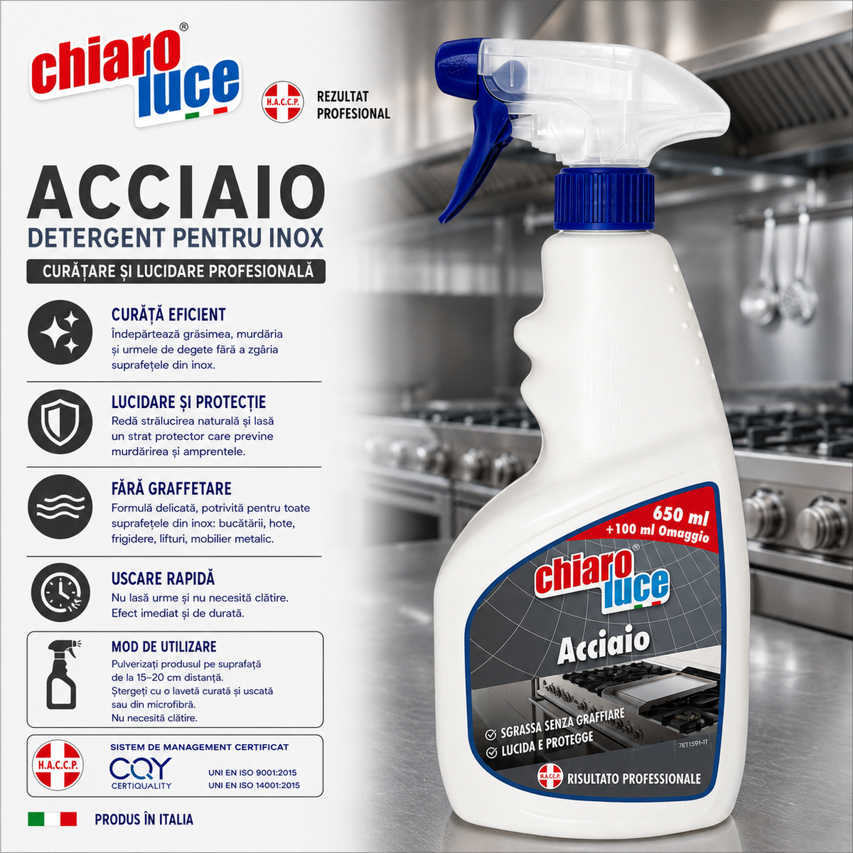 Detergent profesional pentru inox Chiaro Luce Acciaio – 750 ml
