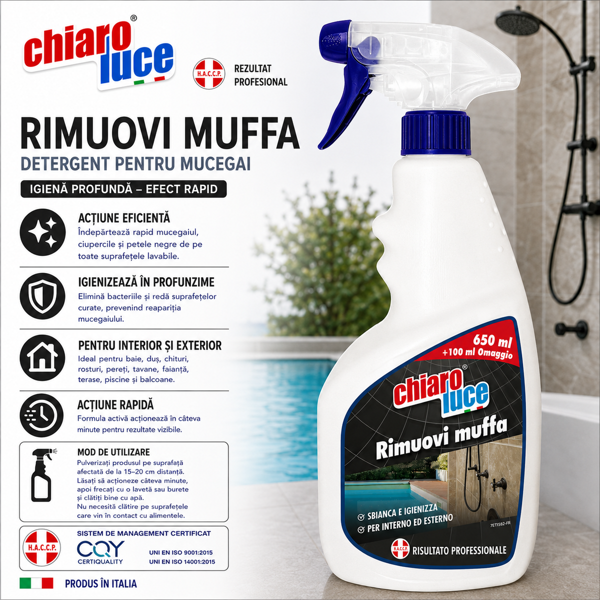 Detergent profesional pentru îndepărtarea mucegaiului Chiaro Luce Rimouvi Muffa – 750 ml