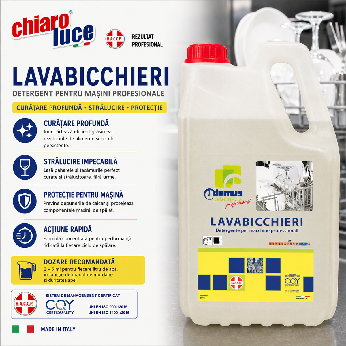 Detergent profesional pentru mașini de spălat pahare Chiaro Luce Lavabicchieri – 5 kg