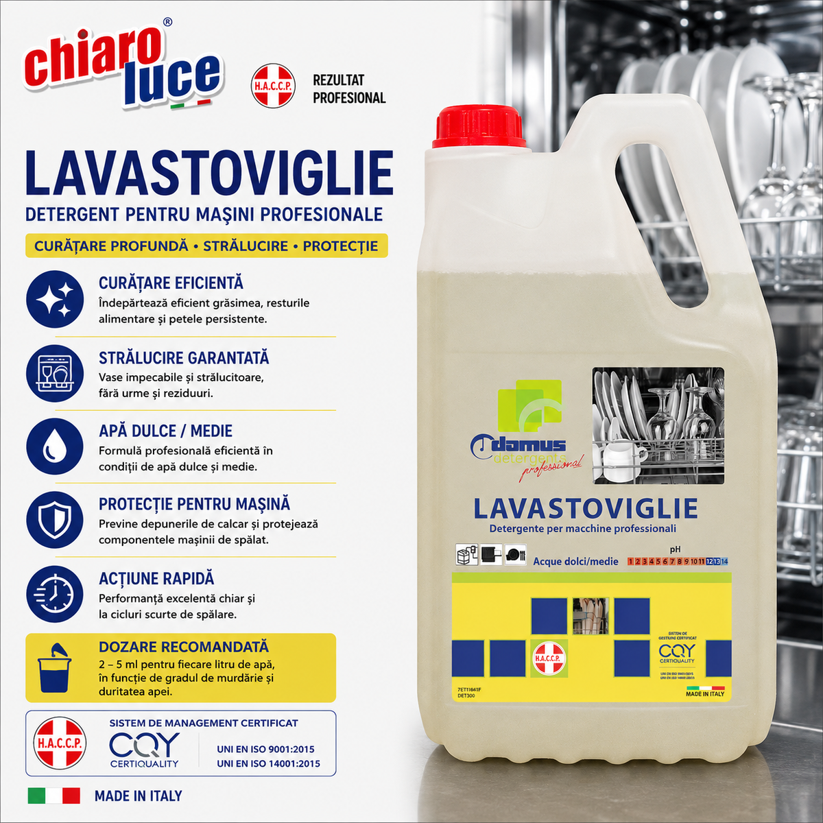 Detergent profesional pentru mașini de spălat vase apa medie Chiaro Luce Lavastoviglie – 5 kg