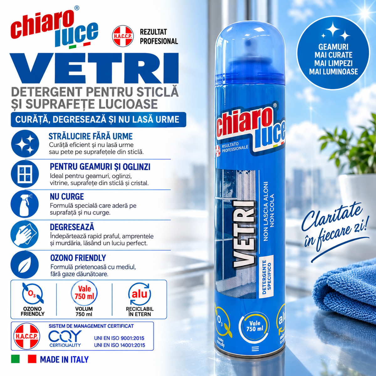 Detergent pentru geamuri Chiaro Luce Vetri – 750 ml
