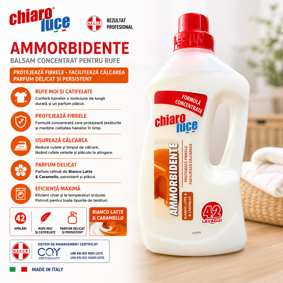 Balsam de rufe Chiaro Luce Ammorbidente – 42 spălări, Lapte și Caramel 1L