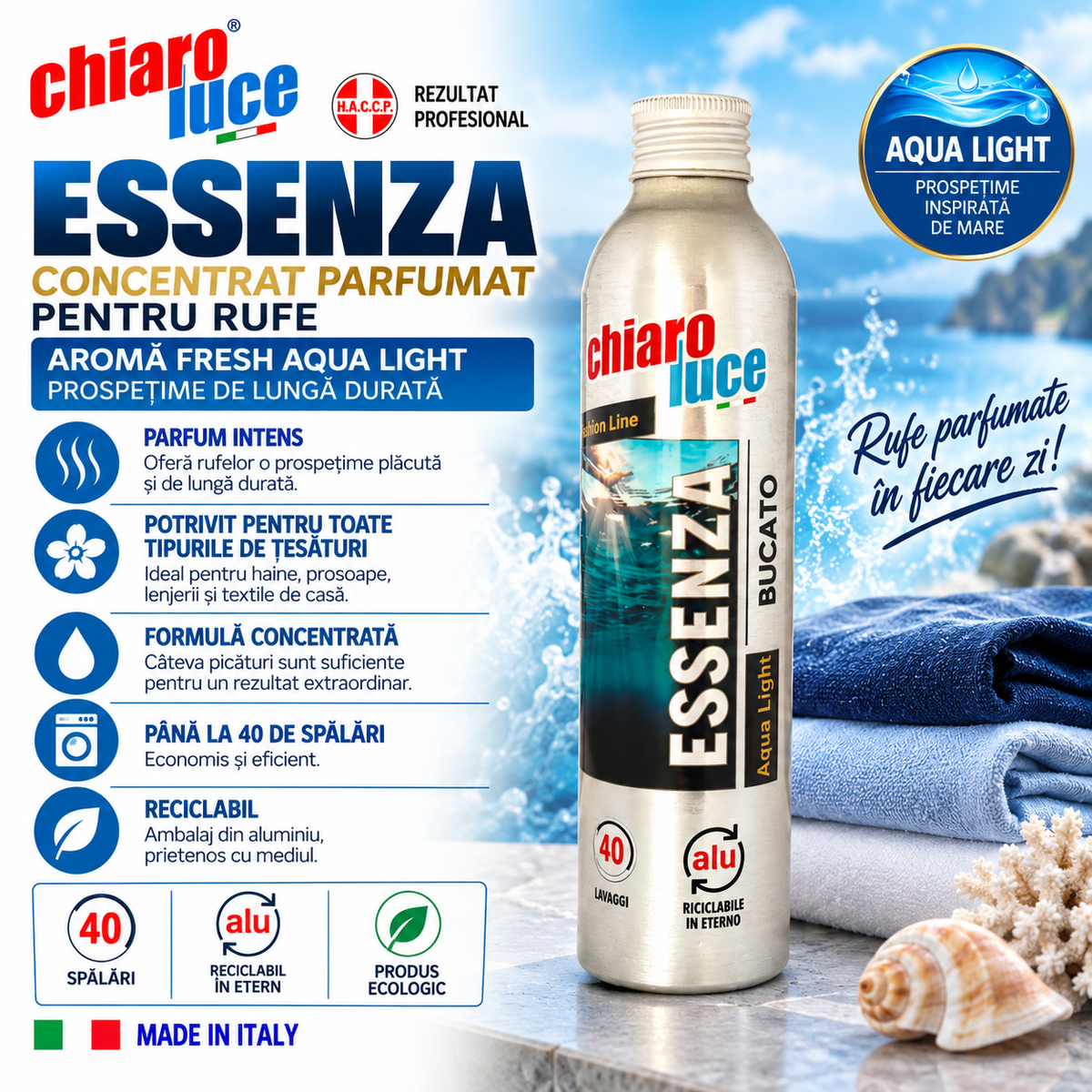 Esență parfumată pentru rufe Chiaro Luce Essenza Bucato Aqua Light 180ml